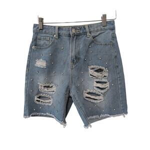 Denim Blvd Studded Jean Shorts Women S High Waist Distressed Rhinestone New
